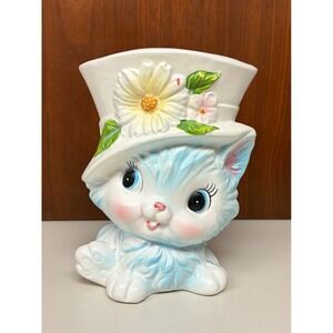 Vintage Miss Priss Cat Ceramic Head Vase Blue Flower Top Hat Planter Parma 6"